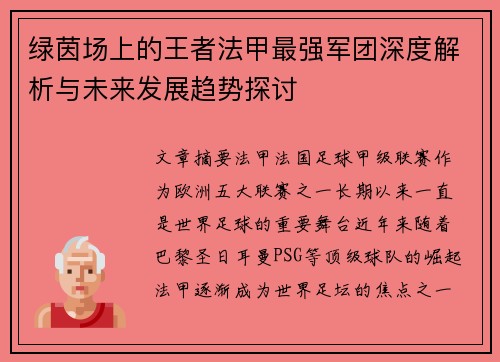 绿茵场上的王者法甲最强军团深度解析与未来发展趋势探讨